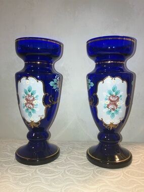 Vtg Pair Bohemian Cobalt Blue Glass Enamel Glass Vases Gold Gilt Floral Novotný